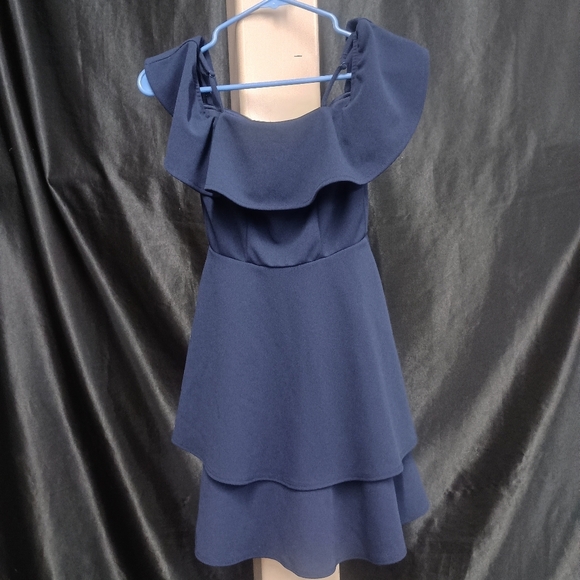 Elegant Navy Blue Ruffle Dress - Picture 1 of 9